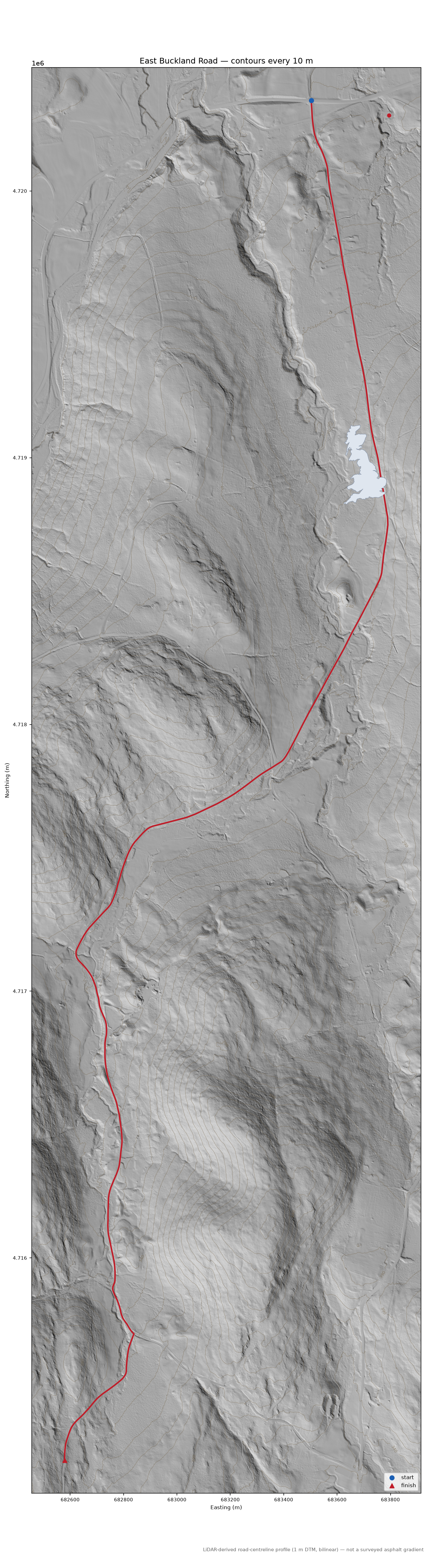East Buckland Road LiDAR hillshade map with contours