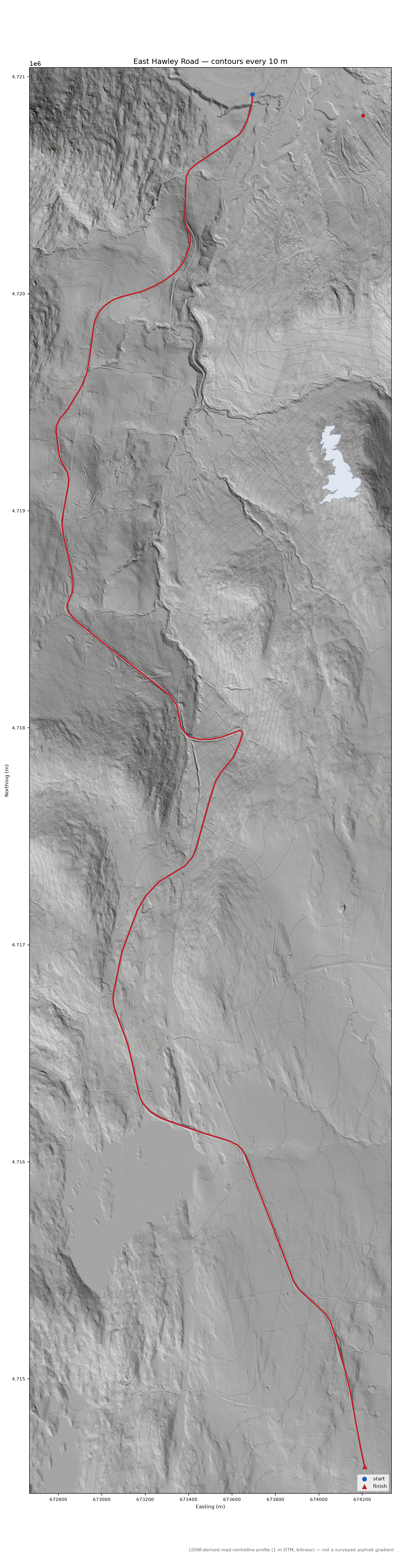 East Hawley Road LiDAR hillshade map with contours