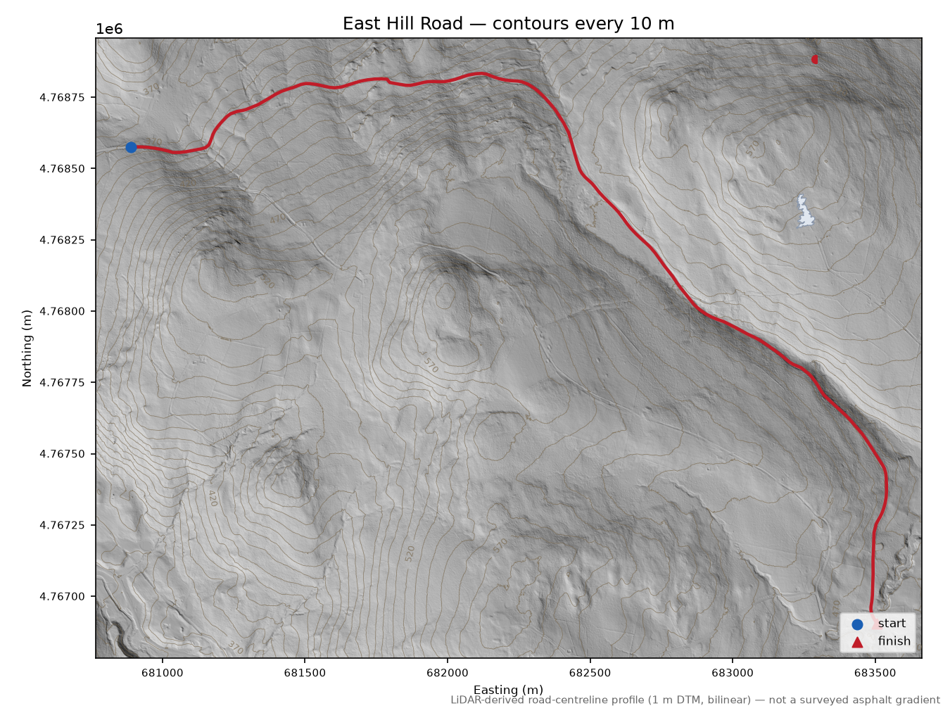 East Hill Road LiDAR hillshade map with contours