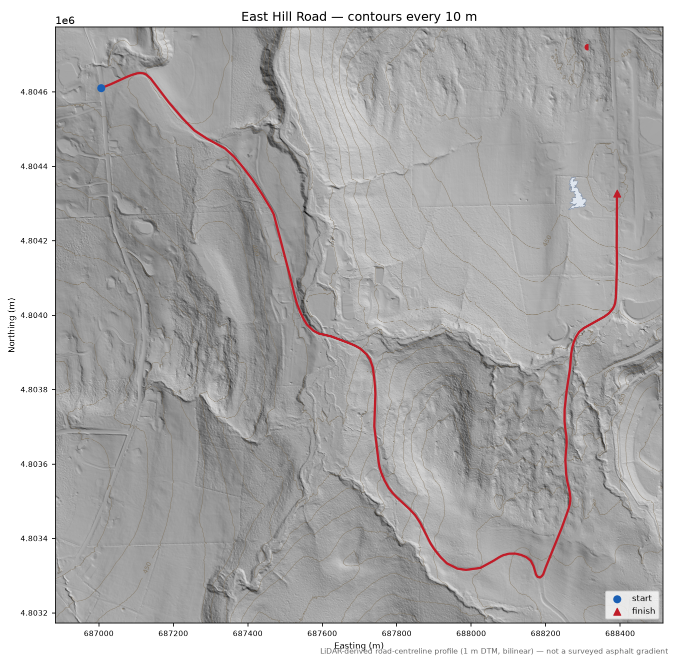 East Hill Road LiDAR hillshade map with contours
