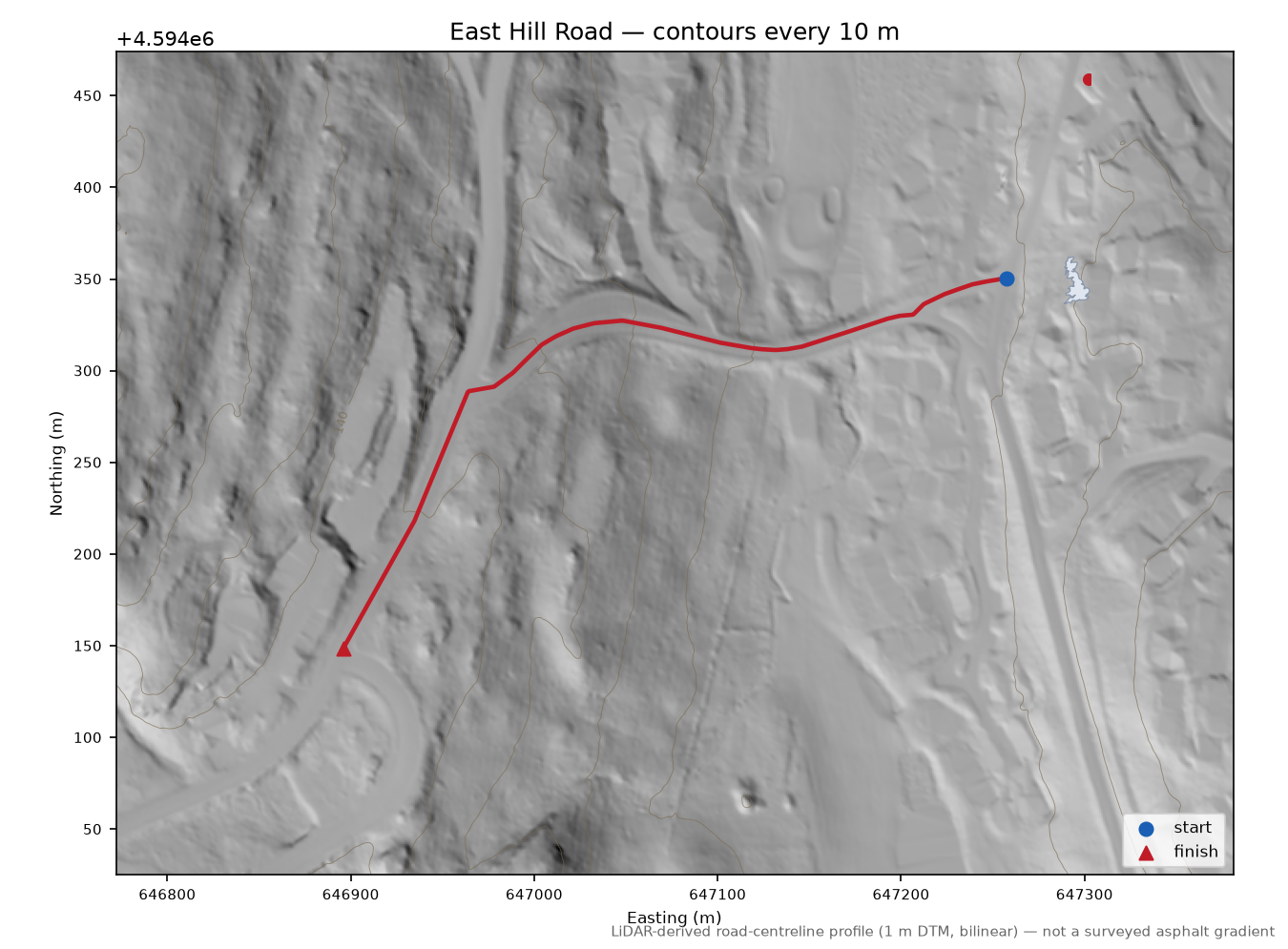 East Hill Road LiDAR hillshade map with contours