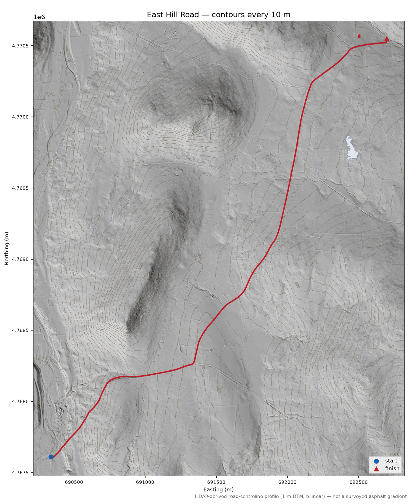 East Hill Road LiDAR hillshade map with contours