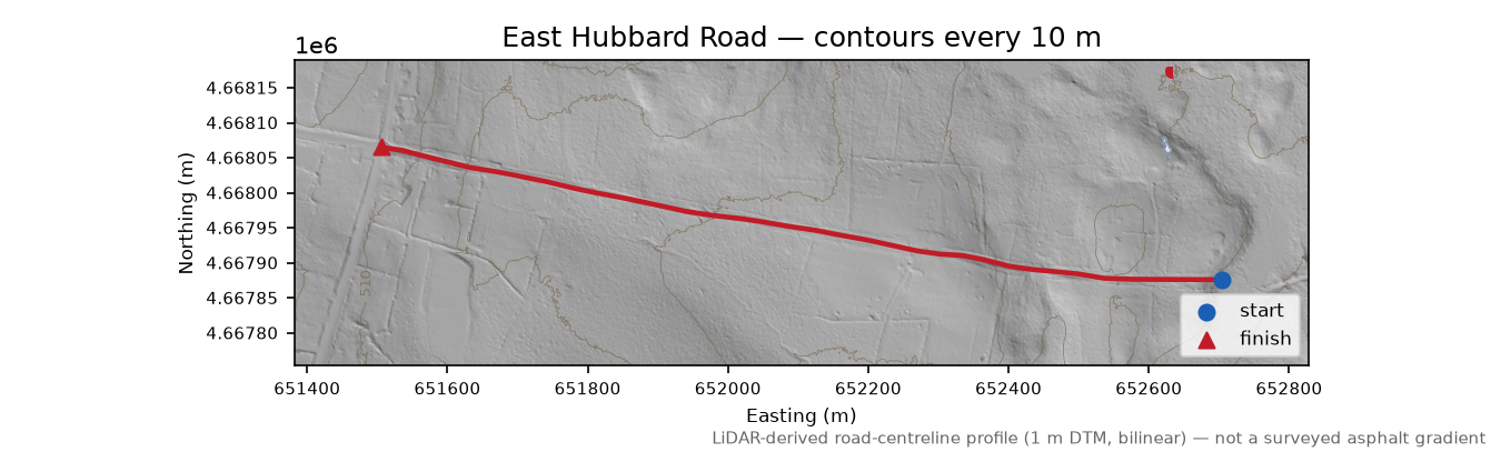 East Hubbard Road LiDAR hillshade map with contours