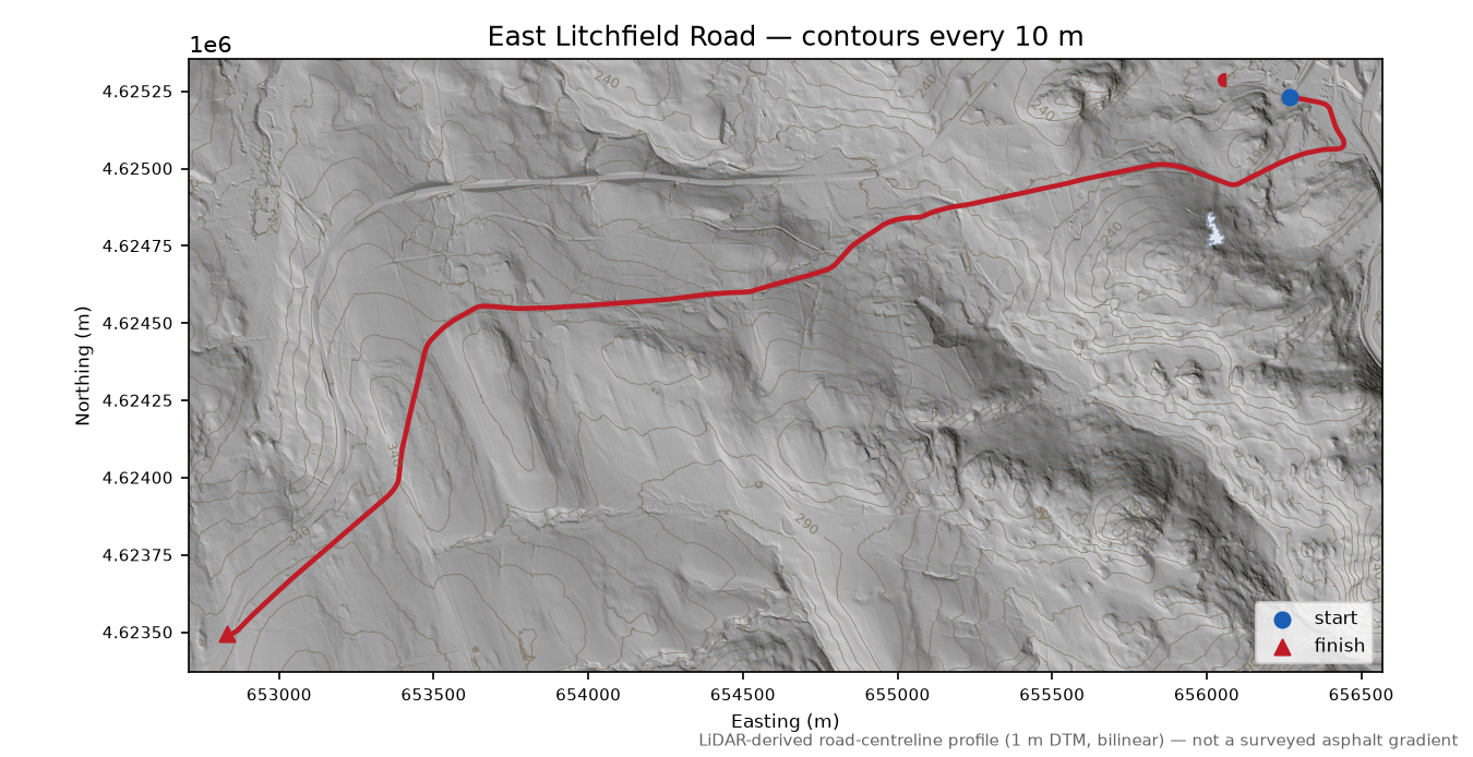 East Litchfield Road LiDAR hillshade map with contours