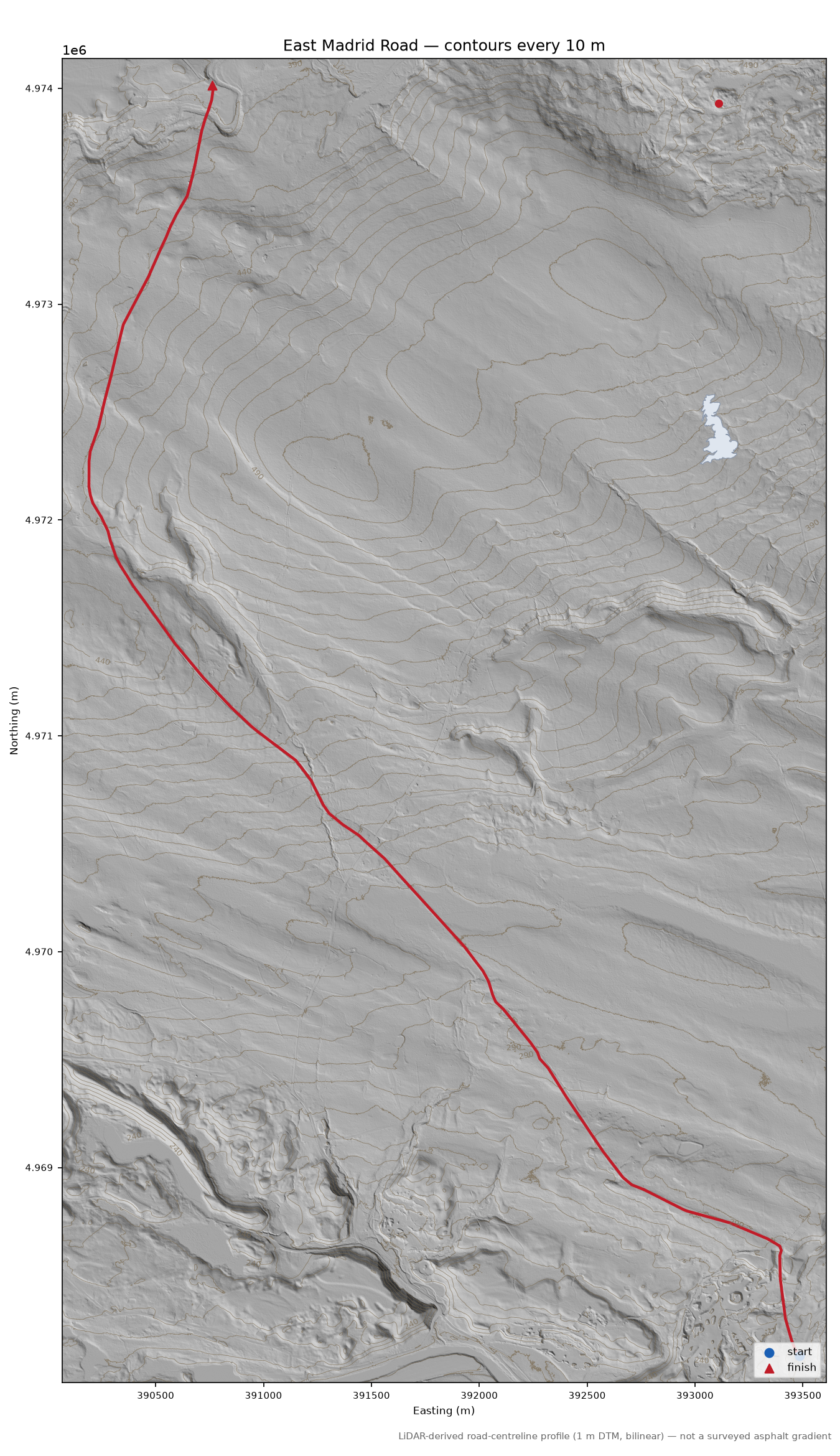 East Madrid Road LiDAR hillshade map with contours