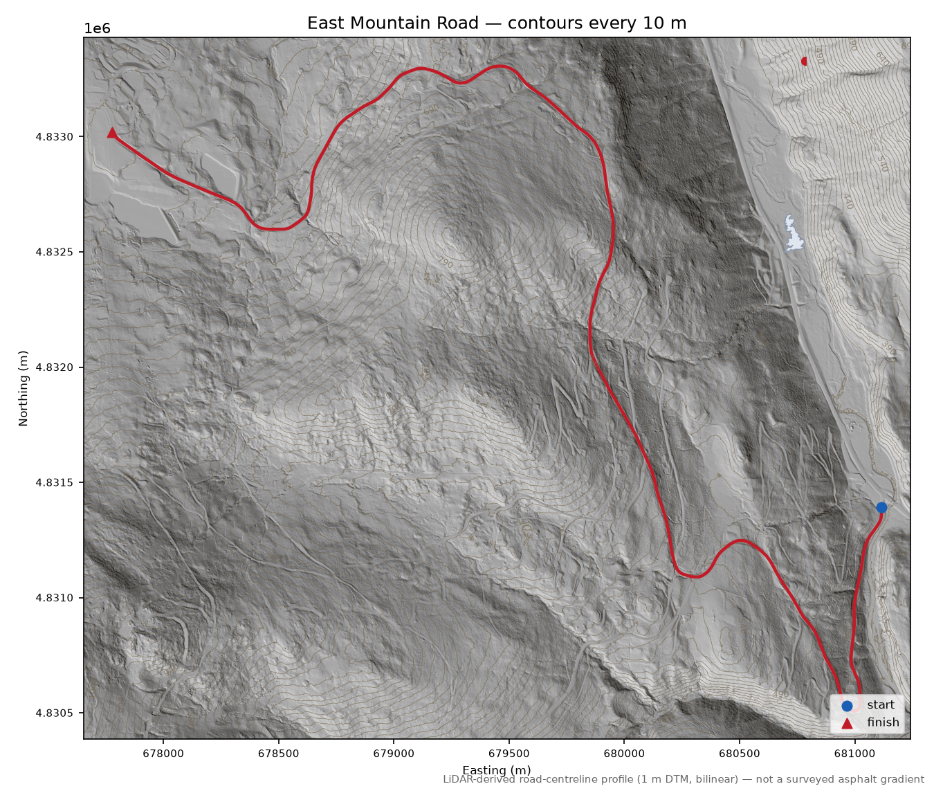 East Mountain Road LiDAR hillshade map with contours