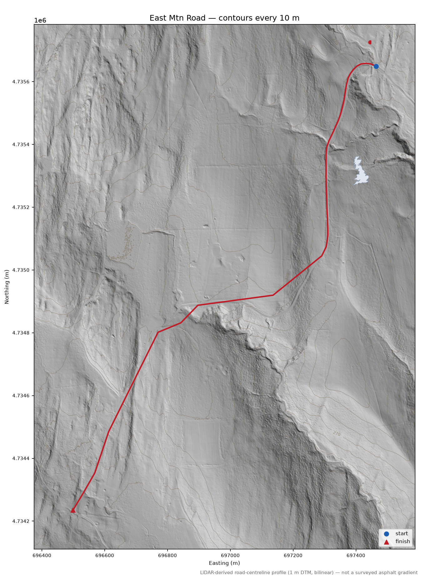 East Mtn Road LiDAR hillshade map with contours