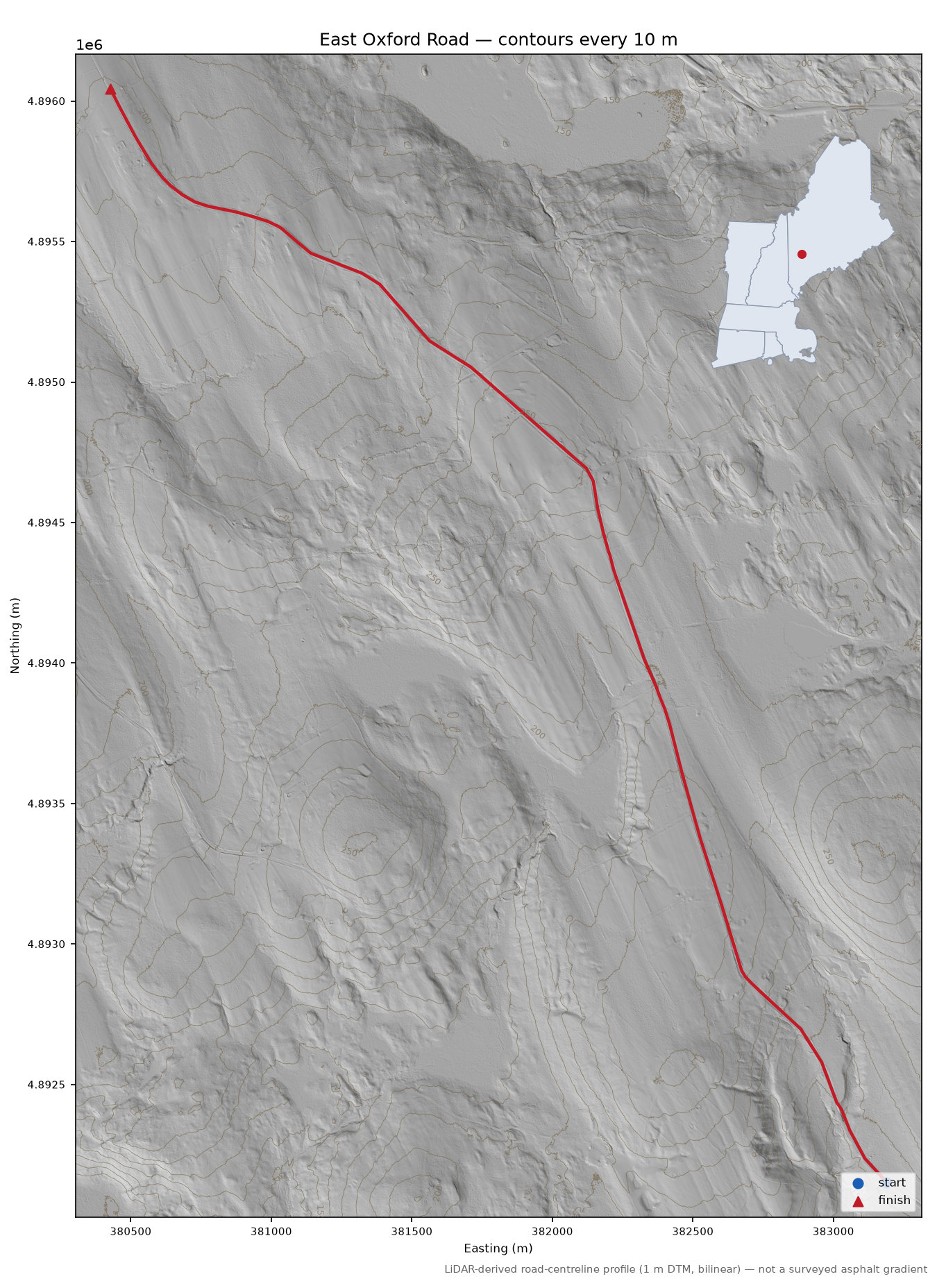 East Oxford Road LiDAR hillshade map with contours