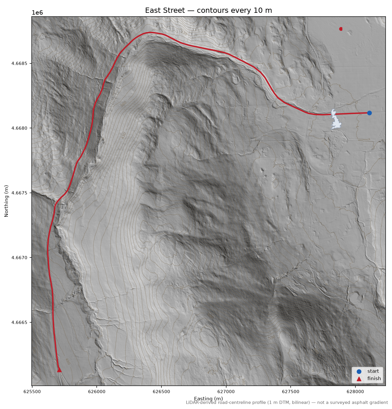East Street LiDAR hillshade map with contours