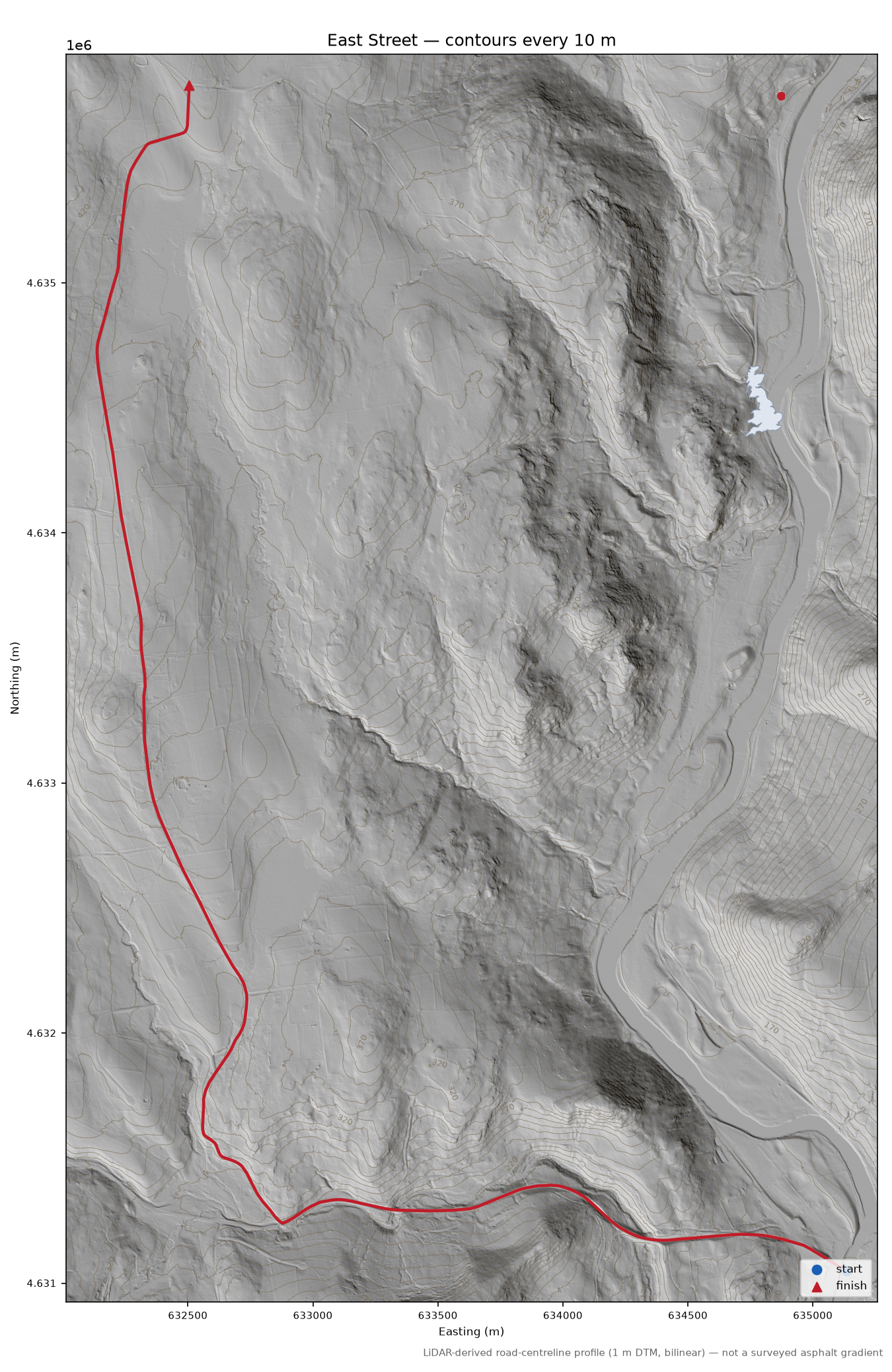 East Street LiDAR hillshade map with contours