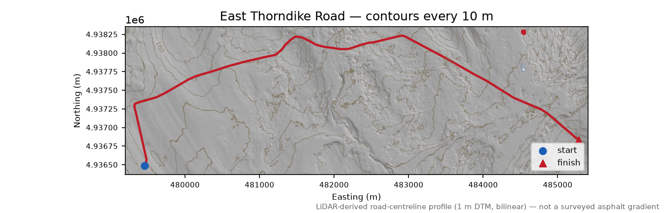 East Thorndike Road LiDAR hillshade map with contours