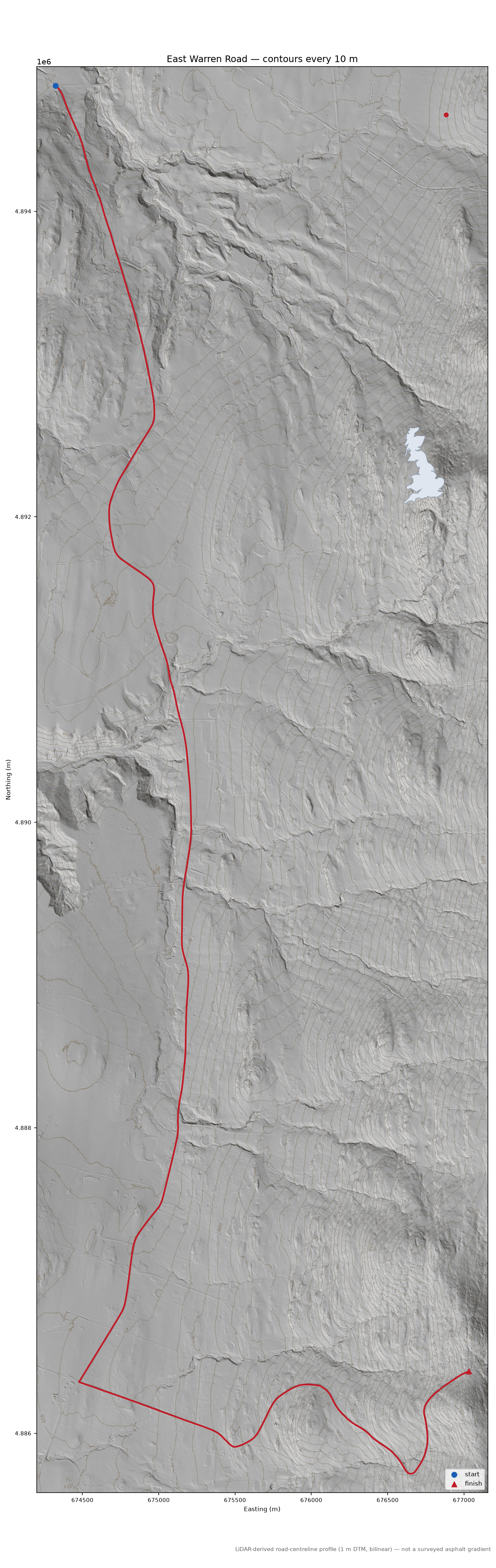 East Warren Road LiDAR hillshade map with contours