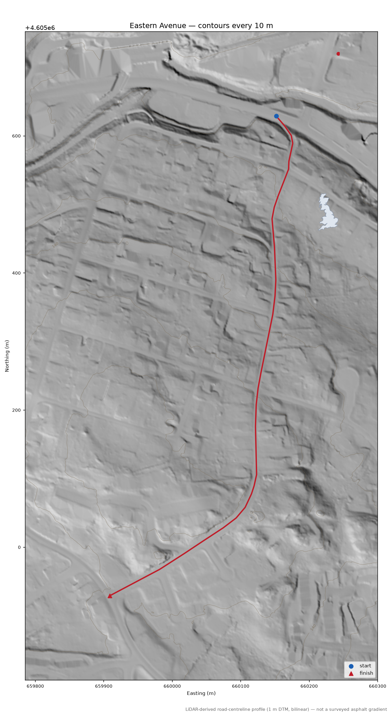 Eastern Avenue LiDAR hillshade map with contours
