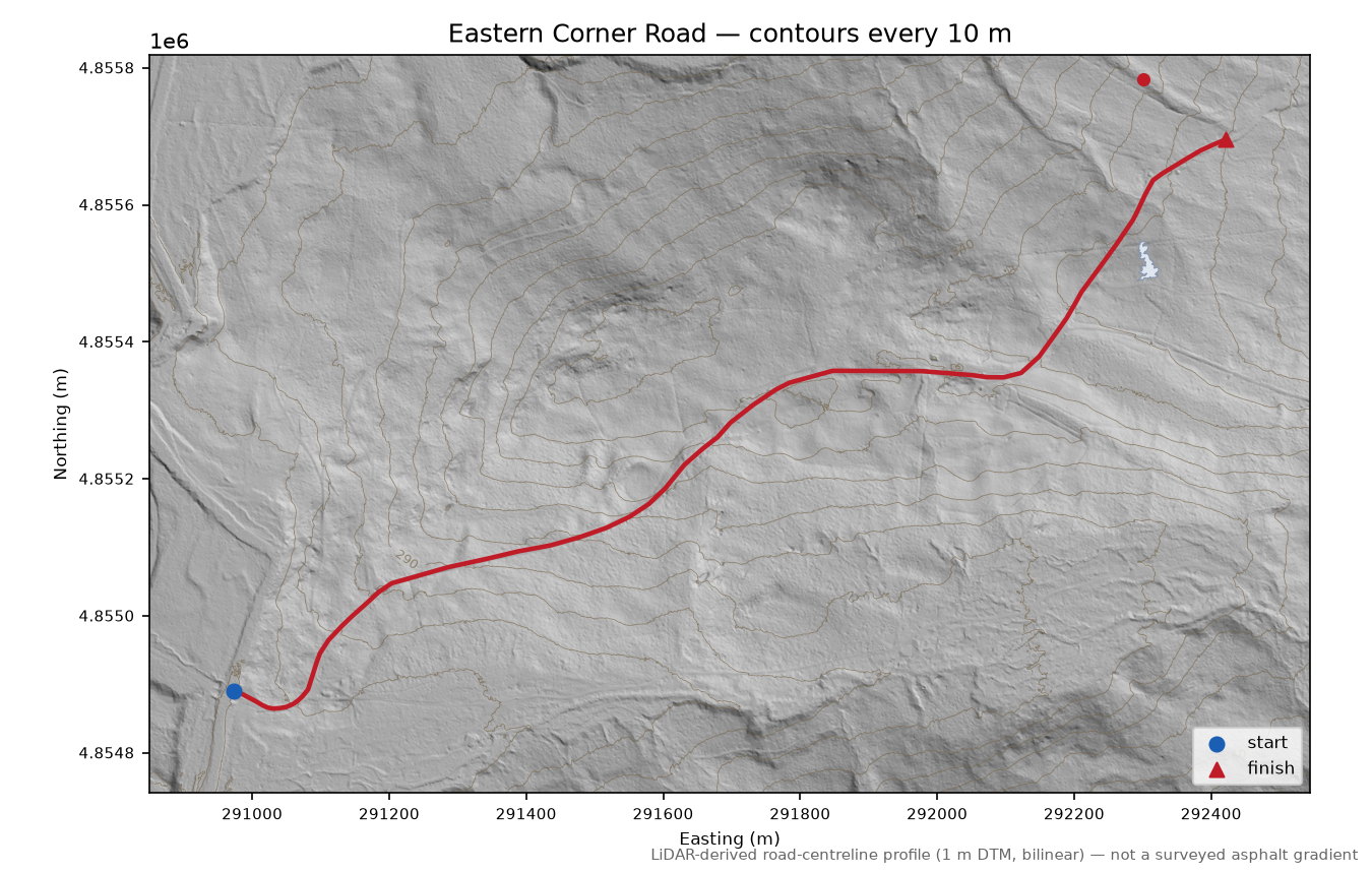Eastern Corner Road LiDAR hillshade map with contours