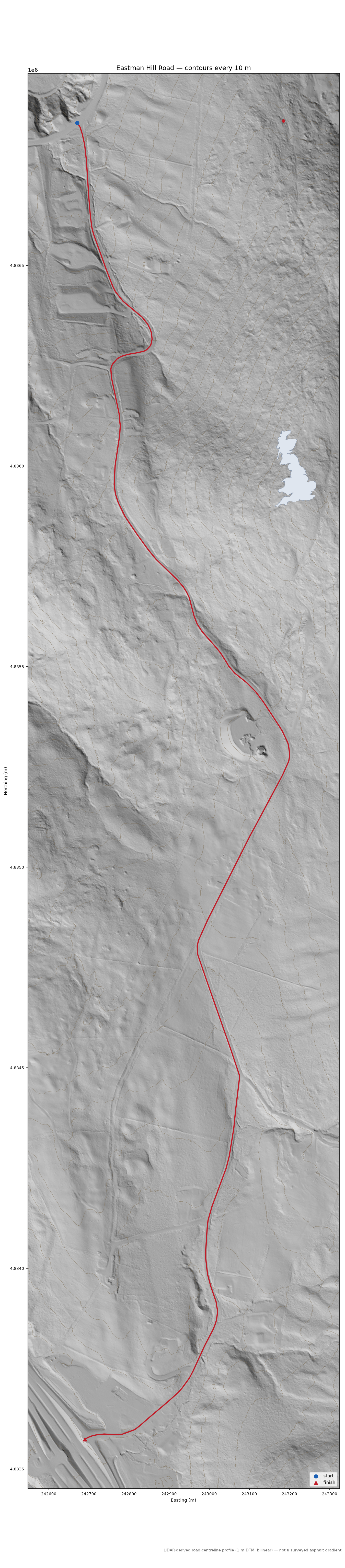 Eastman Hill Road LiDAR hillshade map with contours