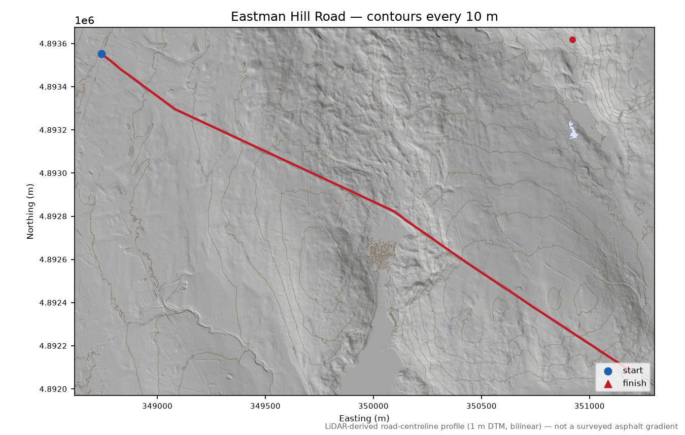 Eastman Hill Road LiDAR hillshade map with contours