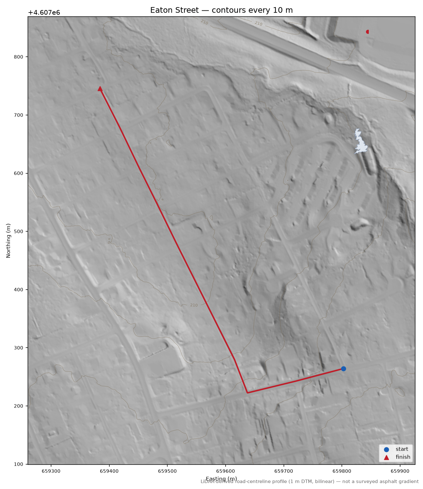 Eaton Street LiDAR hillshade map with contours