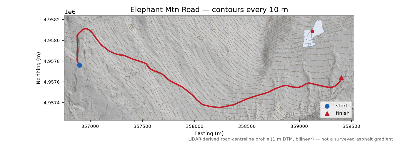 Elephant Mtn Road LiDAR hillshade map with contours