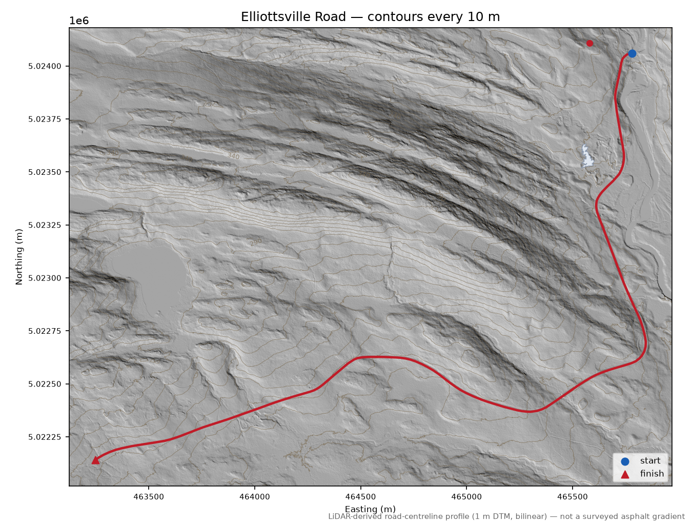 Elliottsville Road LiDAR hillshade map with contours