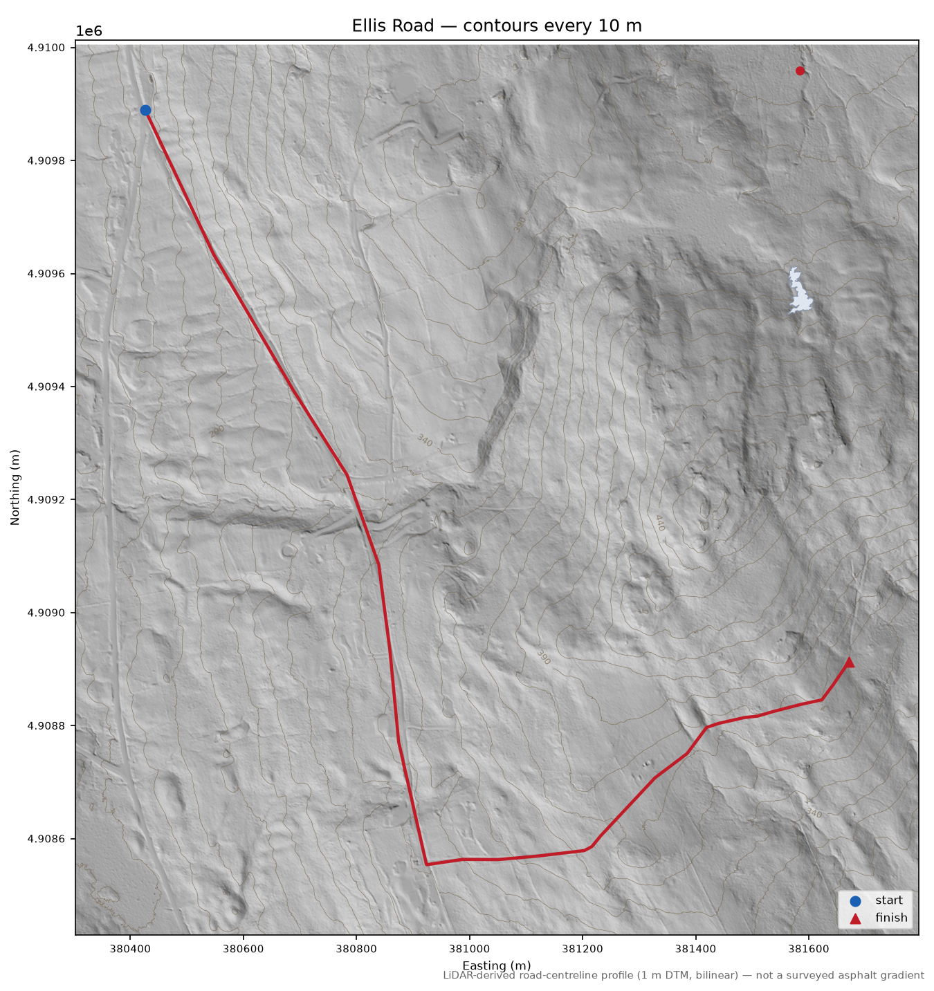 Ellis Road LiDAR hillshade map with contours