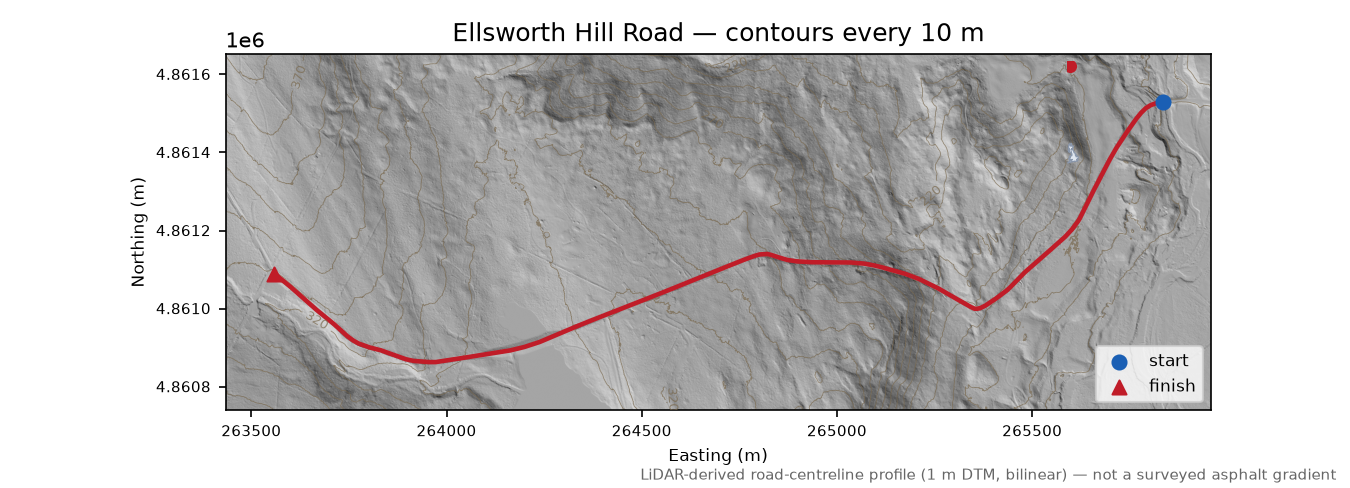 Ellsworth Hill Road LiDAR hillshade map with contours