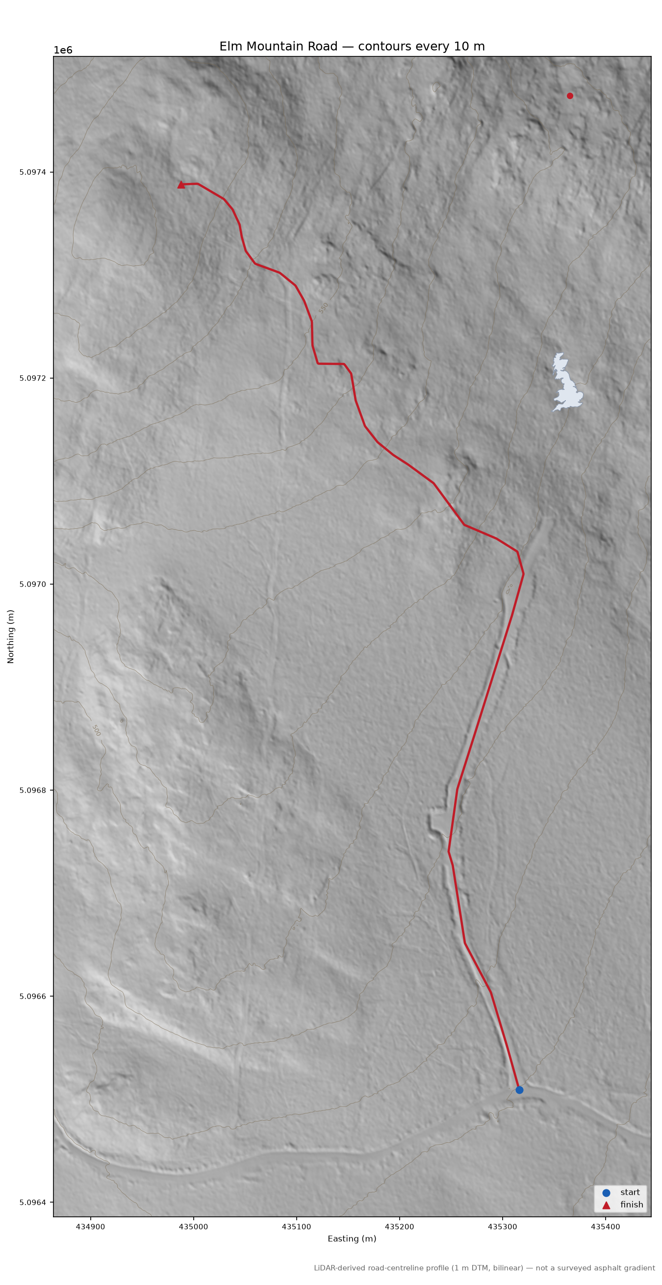 Elm Mountain Road LiDAR hillshade map with contours