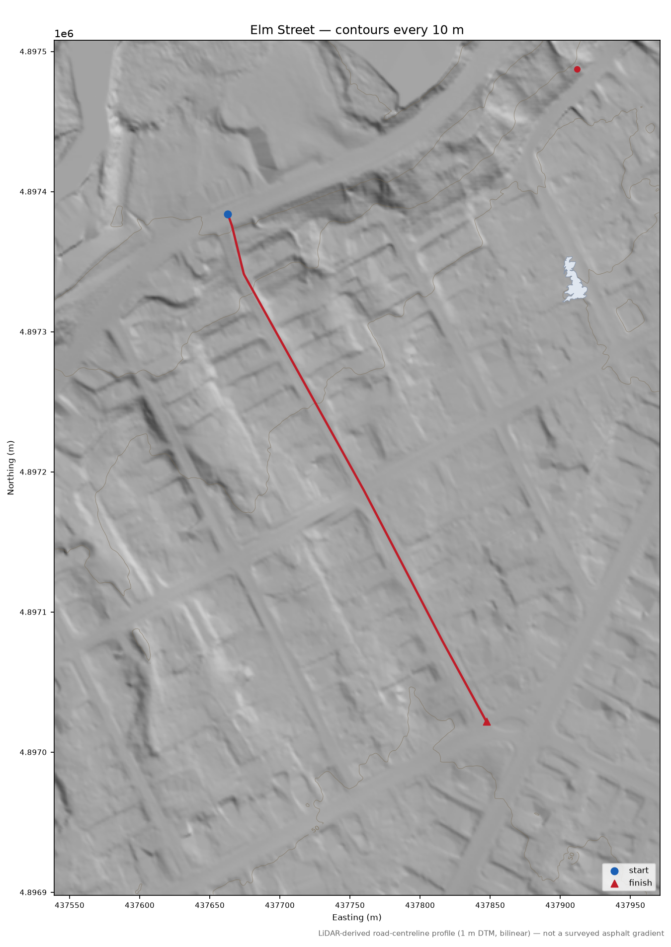 Elm Street LiDAR hillshade map with contours