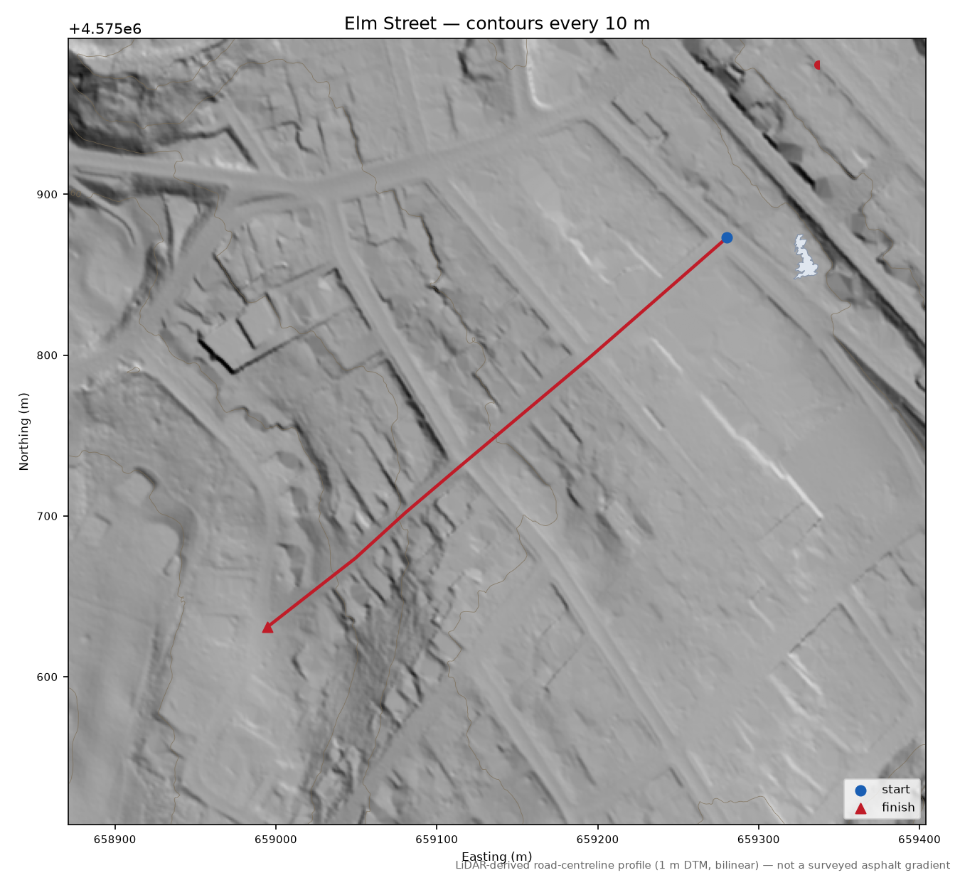 Elm Street LiDAR hillshade map with contours