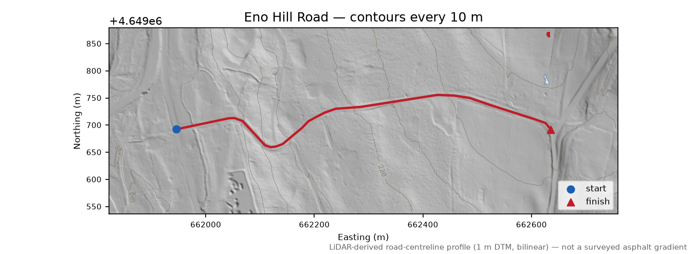 Eno Hill Road LiDAR hillshade map with contours