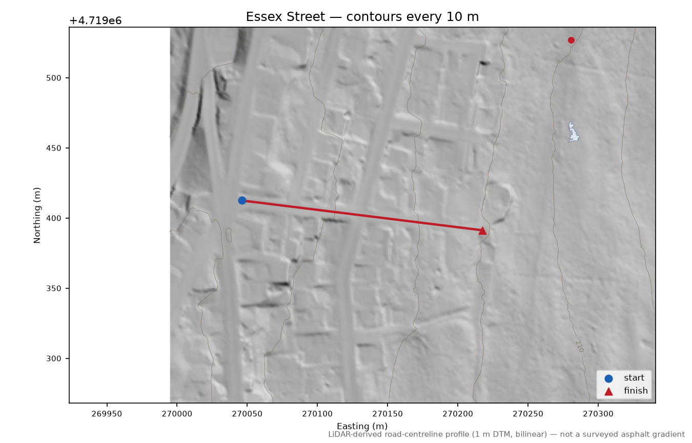 Essex Street LiDAR hillshade map with contours