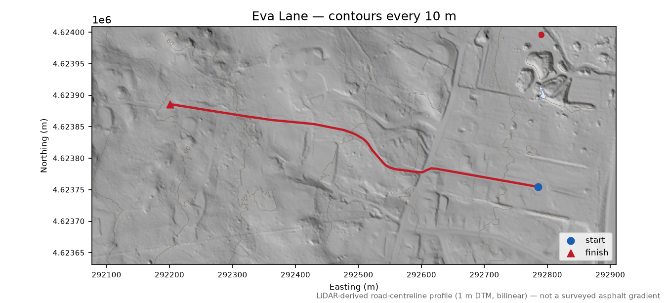 Eva Lane LiDAR hillshade map with contours