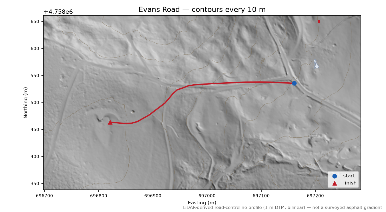 Evans Road LiDAR hillshade map with contours