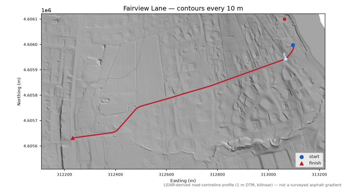 Fairview Lane LiDAR hillshade map with contours