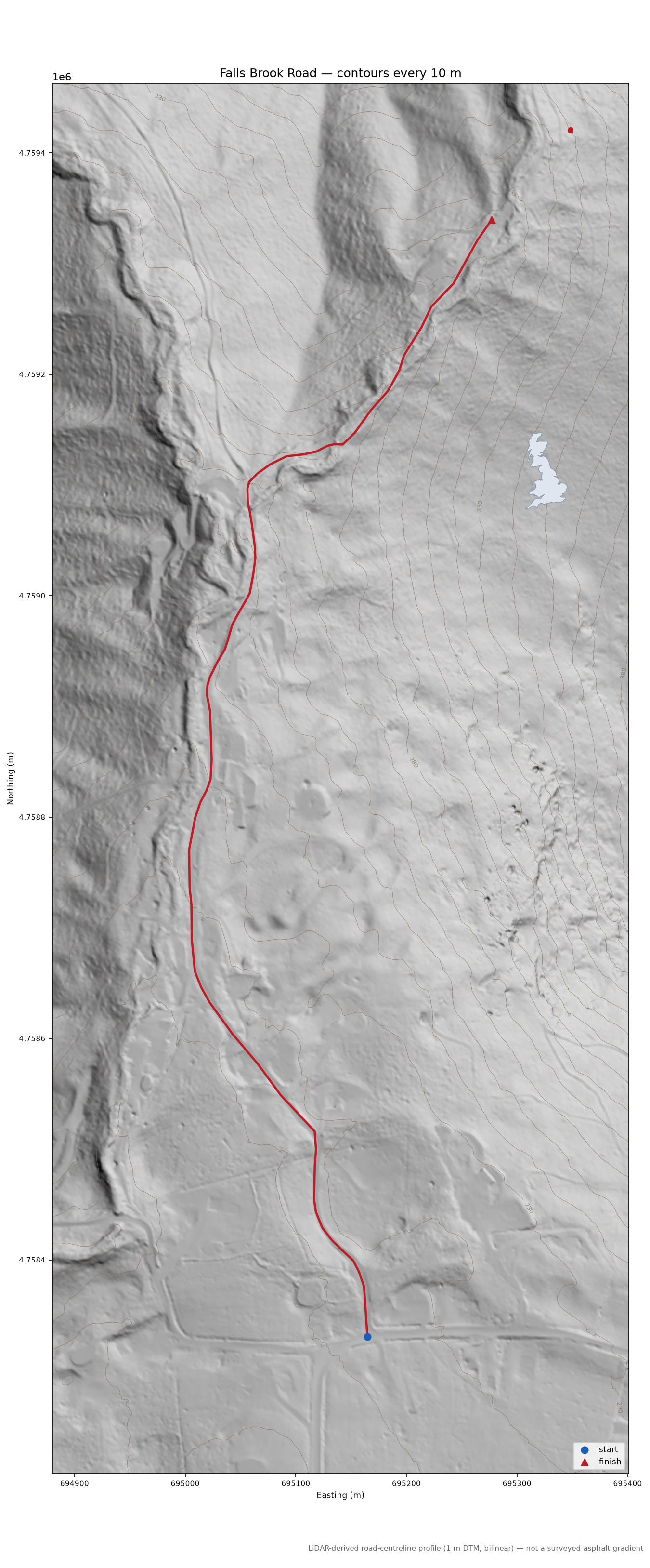 Falls Brook Road LiDAR hillshade map with contours