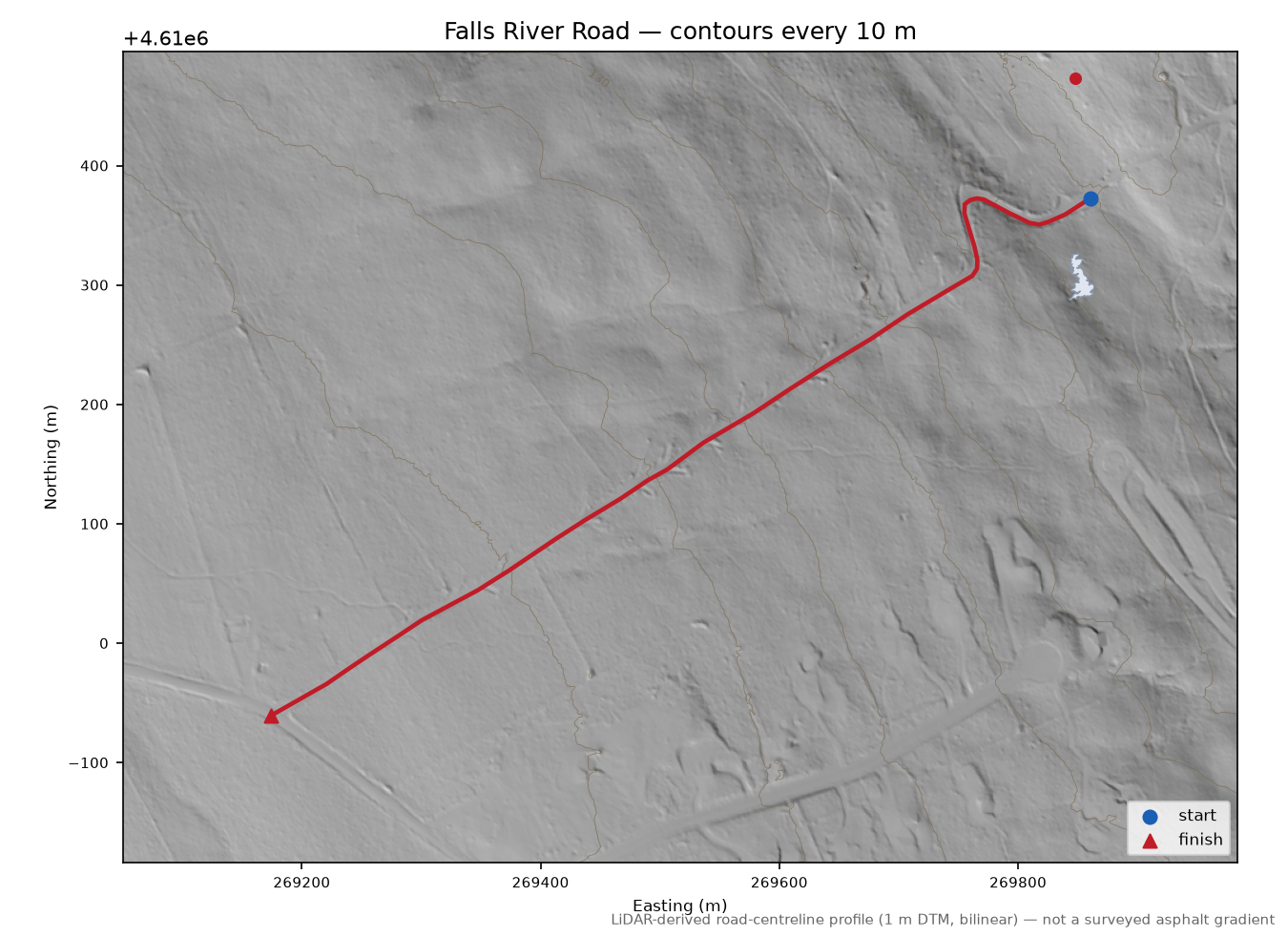Falls River Road LiDAR hillshade map with contours