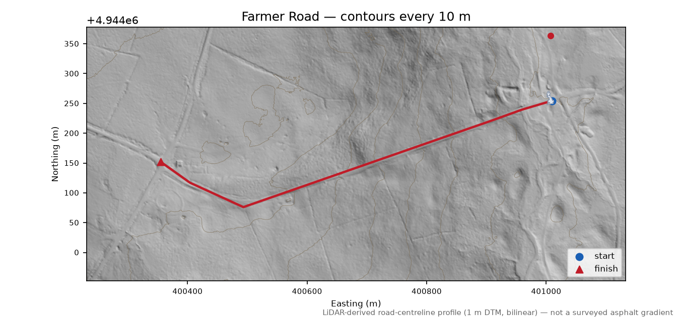 Farmer Road LiDAR hillshade map with contours
