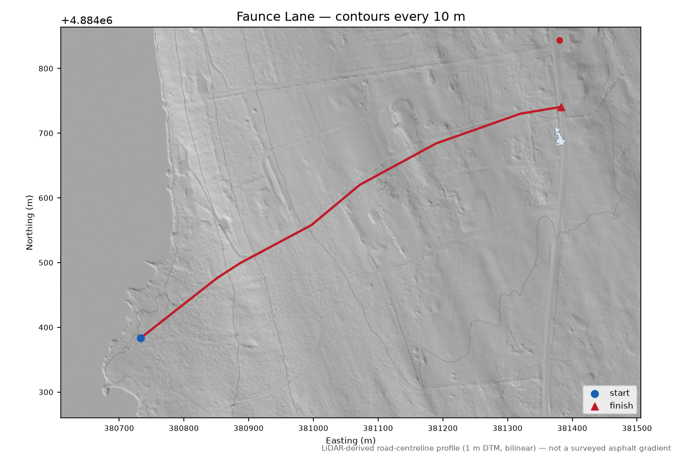 Faunce Lane LiDAR hillshade map with contours