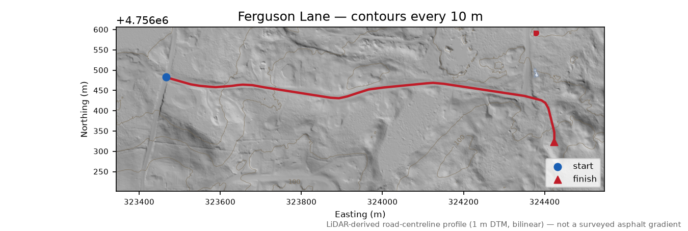 Ferguson Lane LiDAR hillshade map with contours