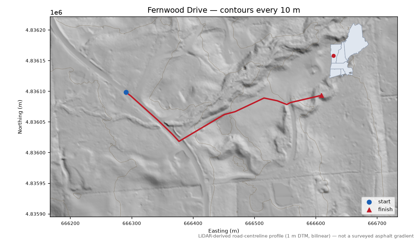 Fernwood Drive LiDAR hillshade map with contours