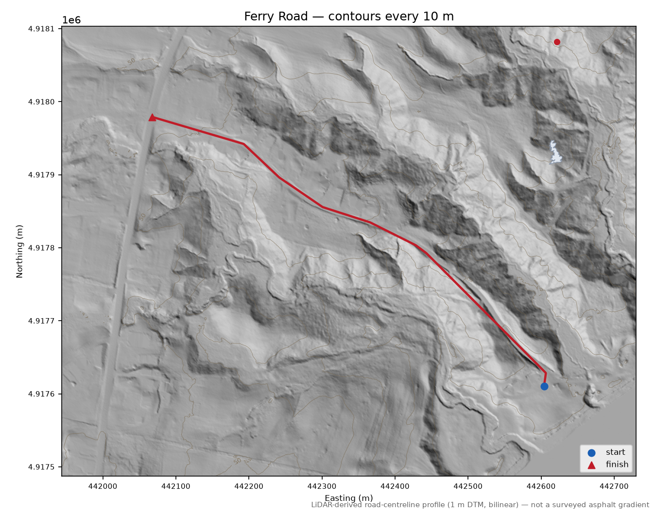 Ferry Road LiDAR hillshade map with contours