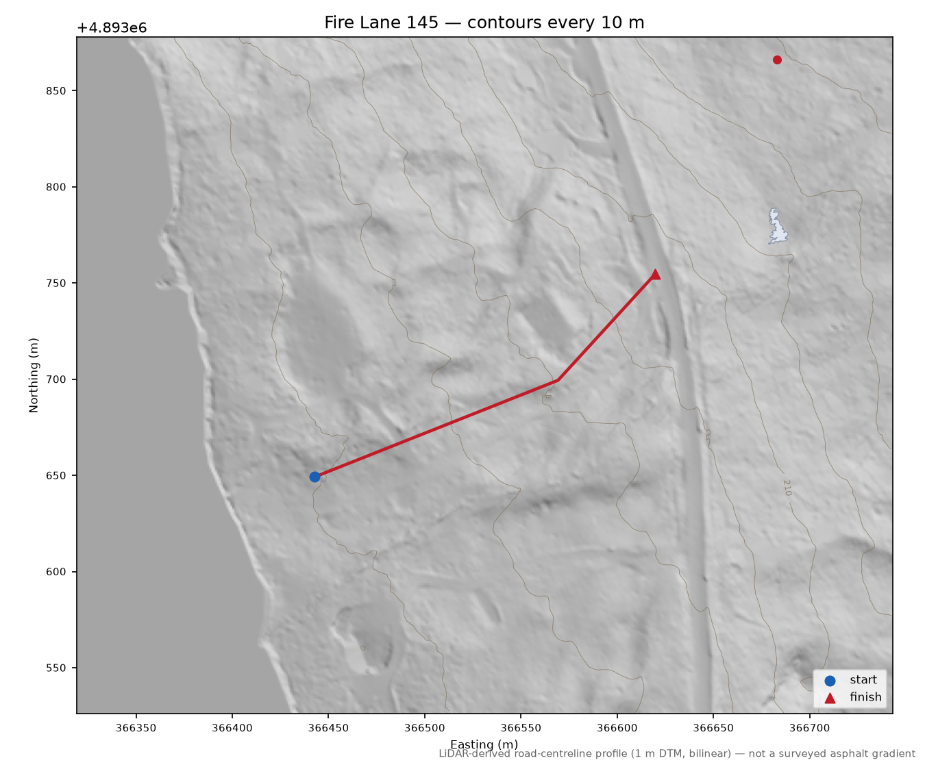 Fire Lane 145 LiDAR hillshade map with contours