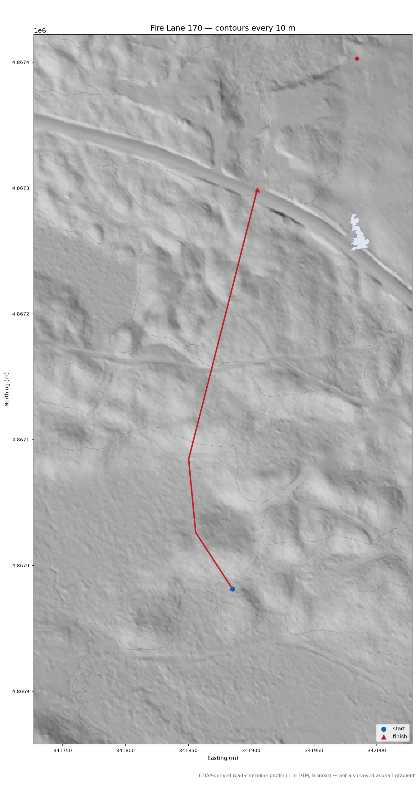 Fire Lane 170 LiDAR hillshade map with contours
