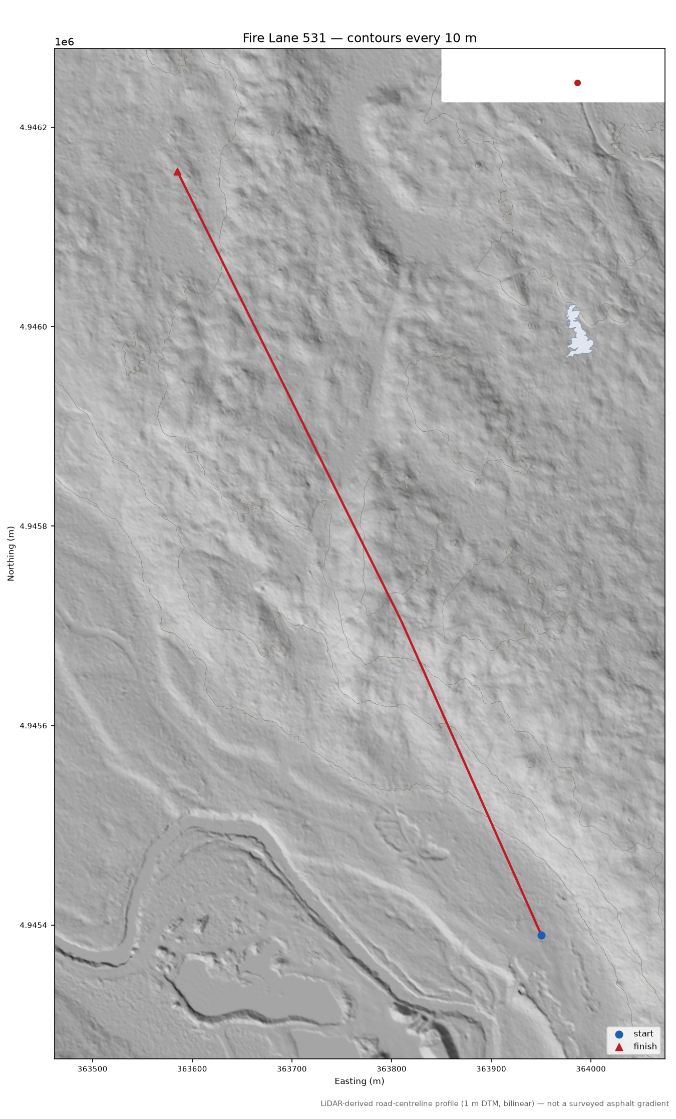 Fire Lane 531 LiDAR hillshade map with contours