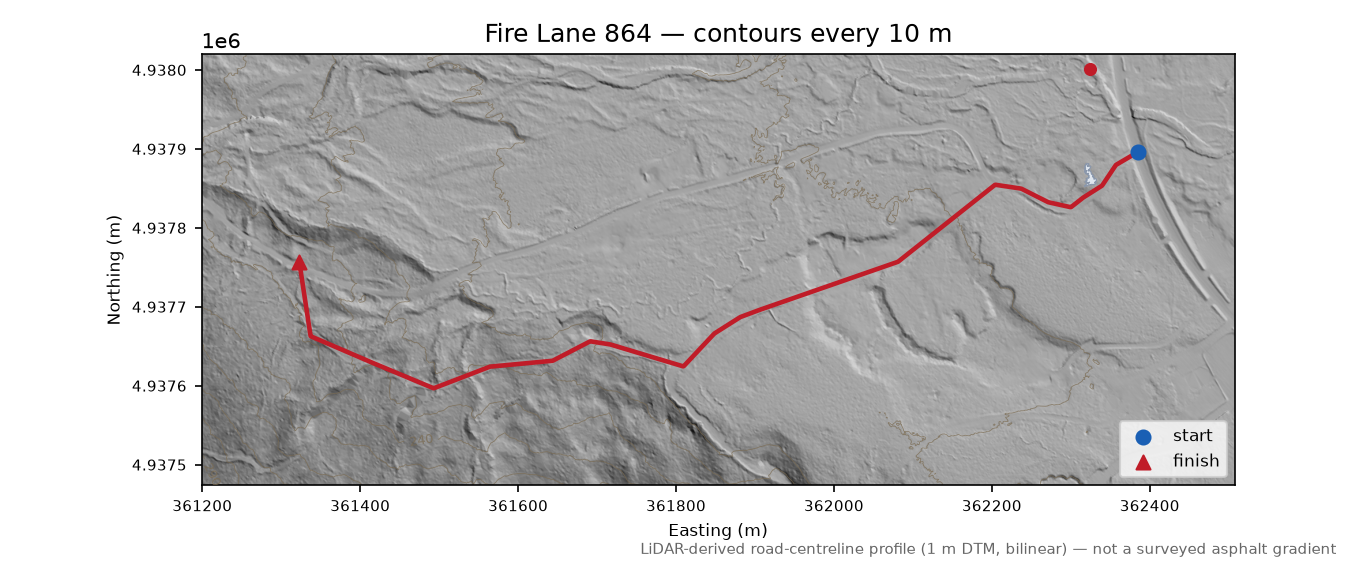 Fire Lane 864 LiDAR hillshade map with contours