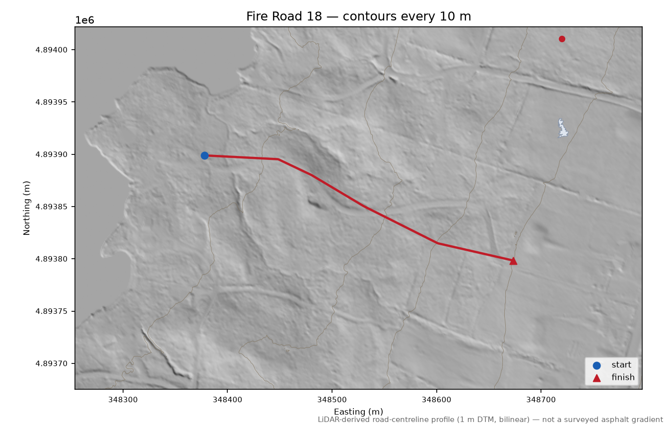 Fire Road 18 LiDAR hillshade map with contours