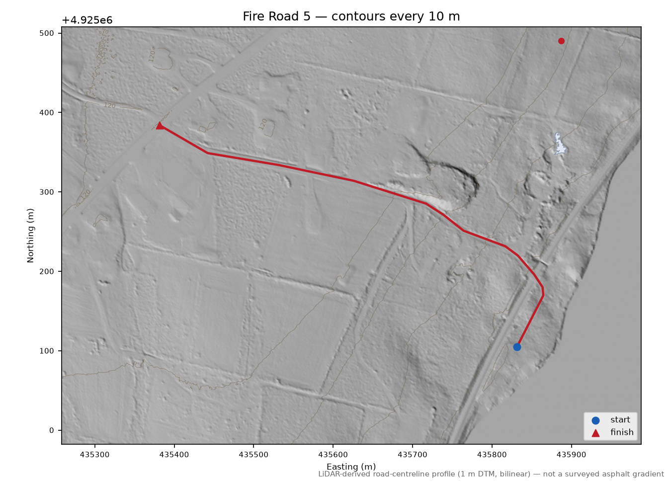 Fire Road 5 LiDAR hillshade map with contours
