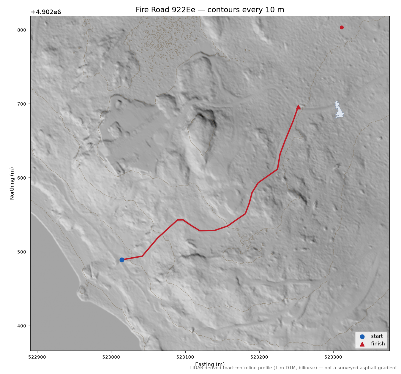 Fire Road 922Ee LiDAR hillshade map with contours