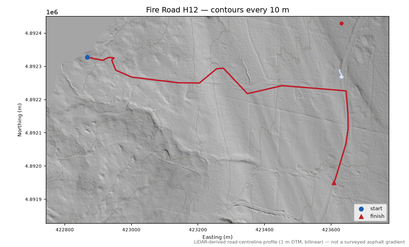 Fire Road H12 LiDAR hillshade map with contours