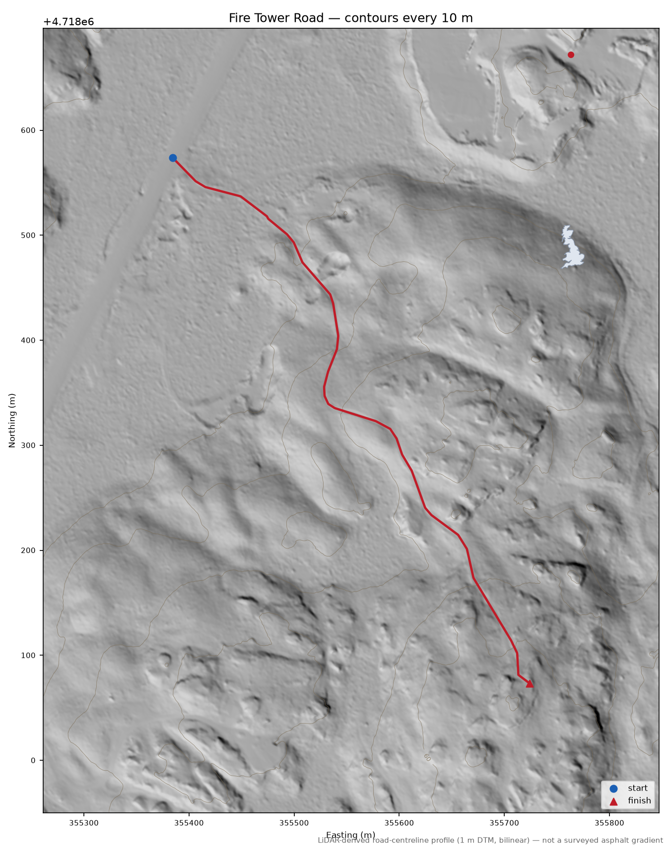 Fire Tower Road LiDAR hillshade map with contours