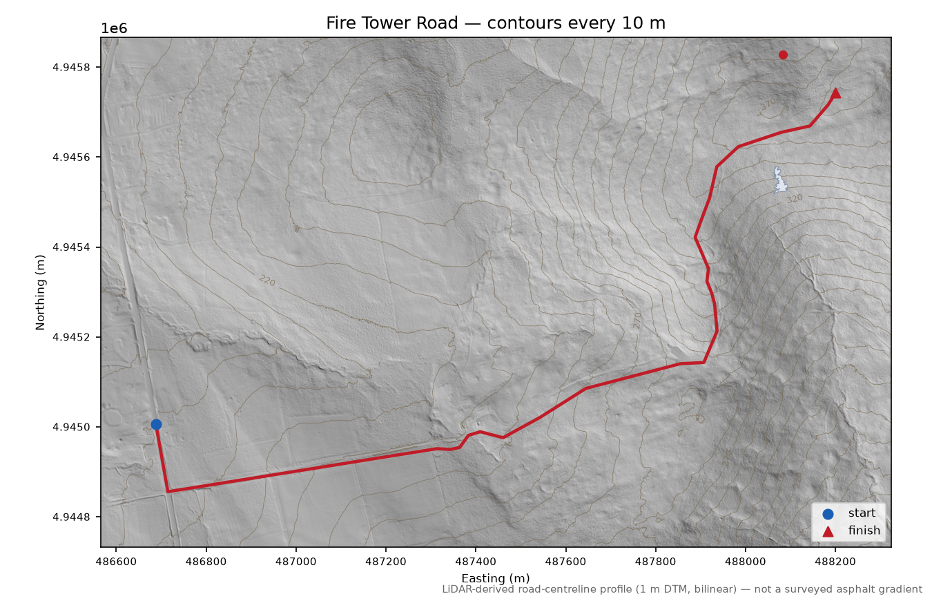 Fire Tower Road LiDAR hillshade map with contours
